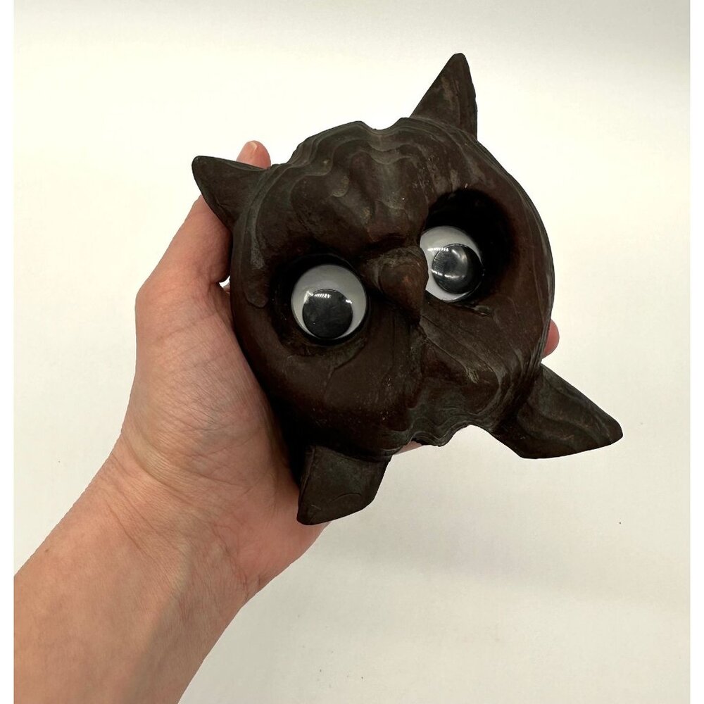Vintage Owl Figurine Carved Wood Googly Eyes Mid Century Modern Kitsch Horned - Picture 8 of 9